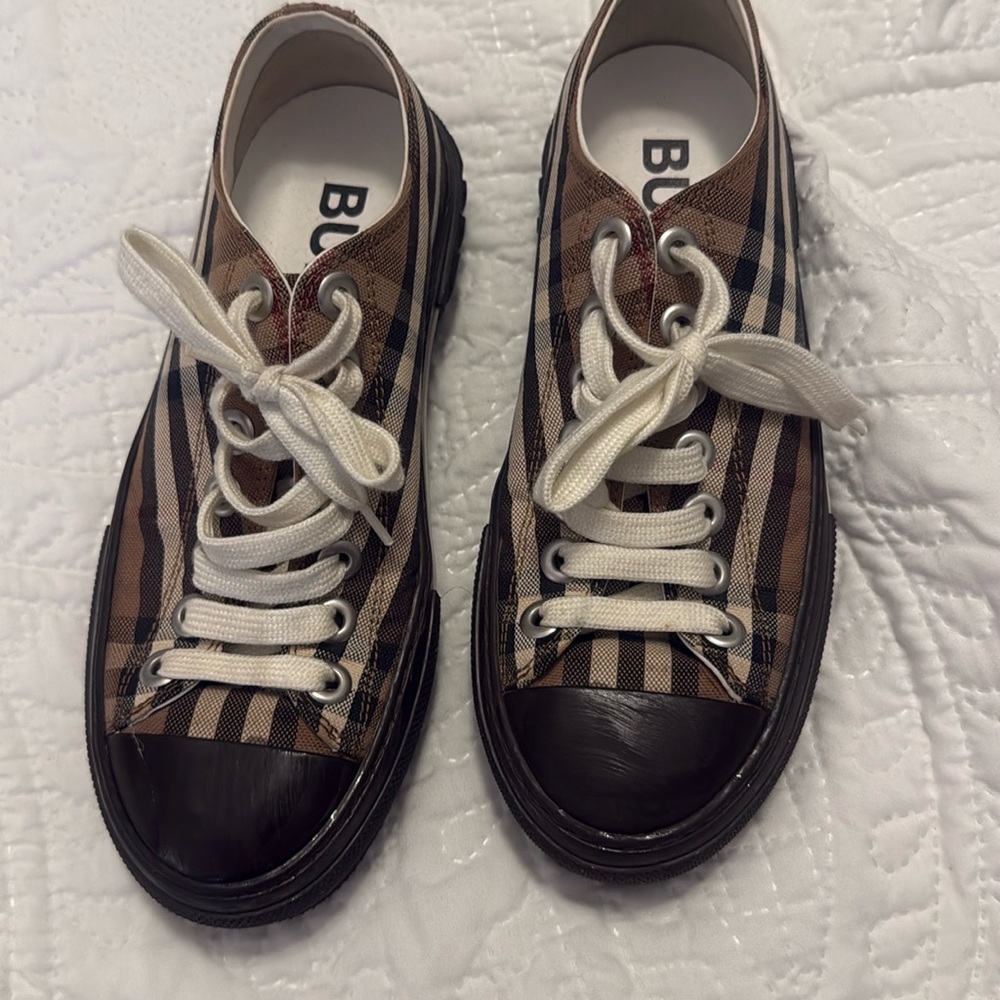 Burberry Plaid Canvas Sneakers with Cream Laces